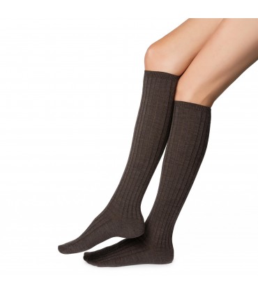 Art. 130 ER009 38-40 MELANŻ BRĄZ - W PRĄŻEK - PODKOLANÓWKI DAMSKIE Z WEŁNY MERINO